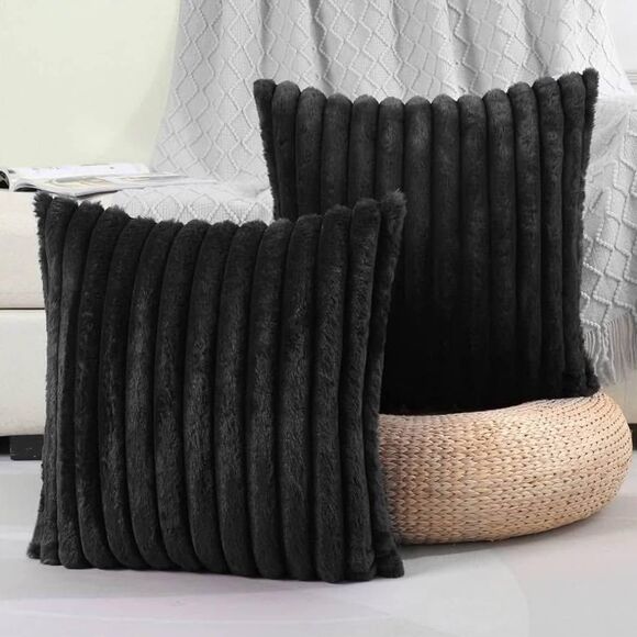 2 Black Fuzzy Throw Pillow Covers, NEW - Picture 1 of 3